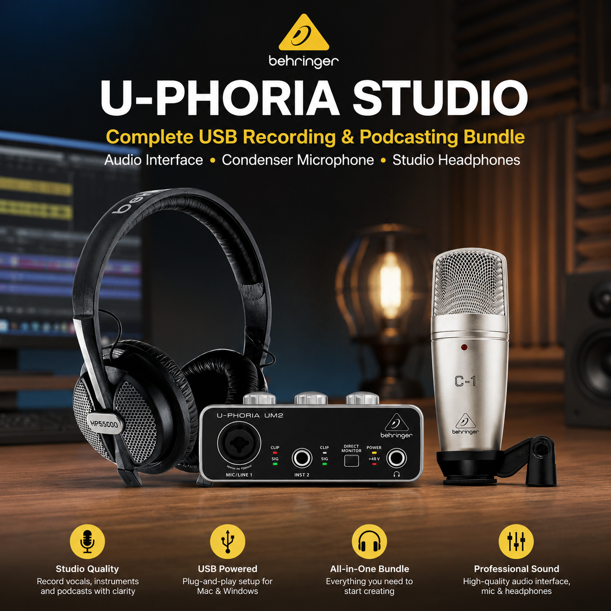Behringer U-PHORIA STUDIO – Pakej Lengkap Rakaman & Podcast USB dengan Antara Muka Audio, Mikrofon Kondensor & Fon Kepala Studio