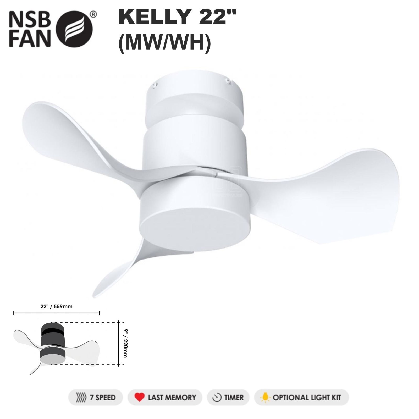 NSB KELLY DC CEILING FAN 22" MW-WH