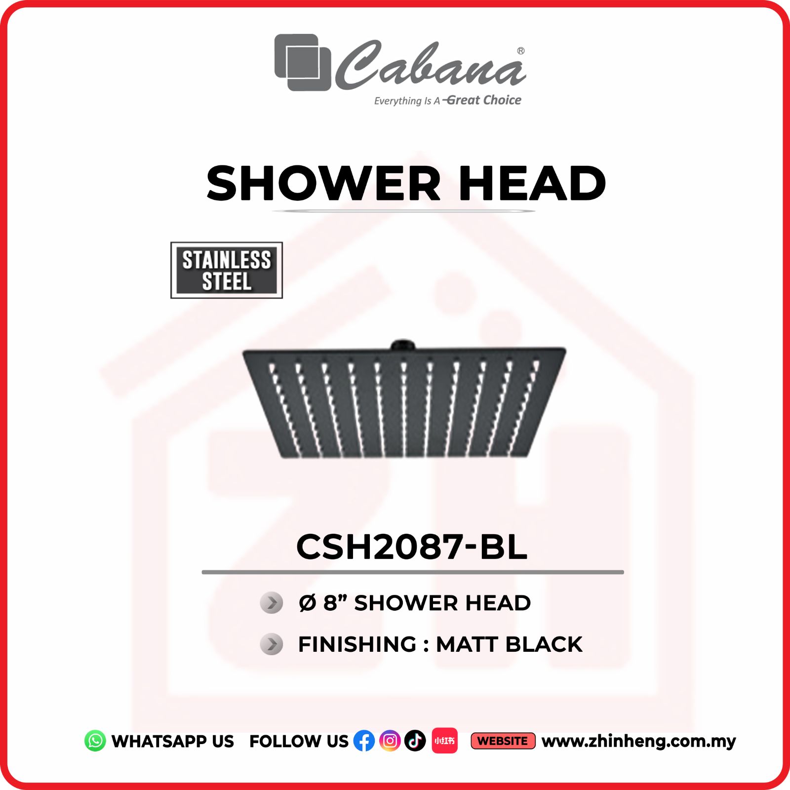 CABANA 8'' SQUARE SHOWER HEAD  CSH2087-BL