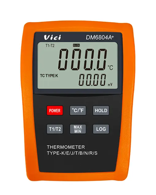 Vici DM6804A+ Dual Display Intelligent Dual Channel Temperature test, Support 8 type thermocouples, Display T1, T2, T1-T2, Data record function.