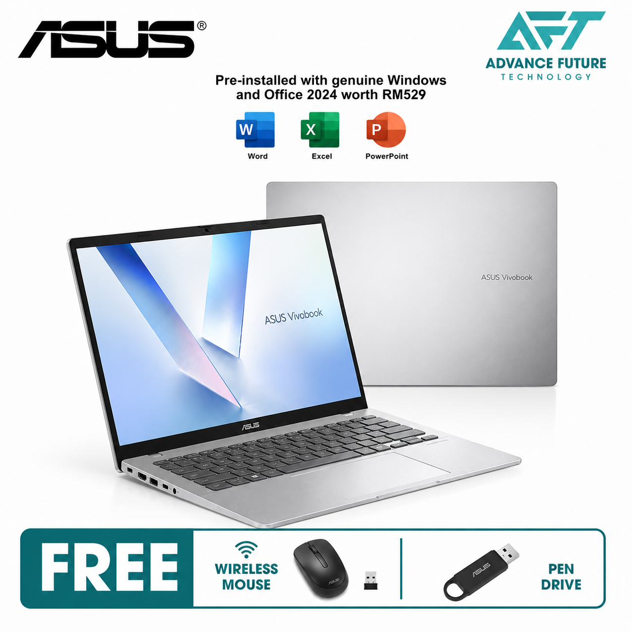 Asus VivoBook 14 M1407K-ALY063WS 14" WUXGA Laptop Cool Silver ( AMD Ryzen AI 7 350, 16GB, 512GB SSD, ATI, W11, H&S 2024&M365 )