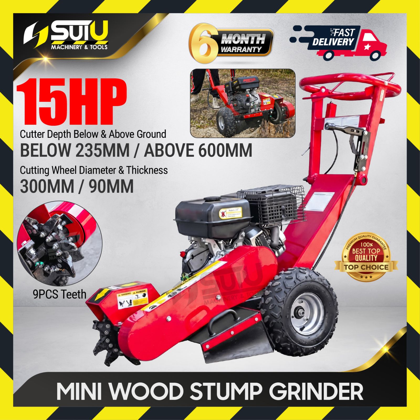 15HP Mini Wood Stump Grinder Key Start c/w Battery (Petrol Engine)