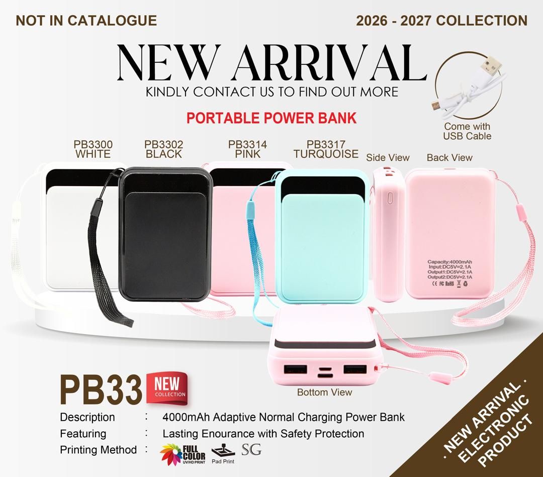 PB33 Portable Power Bank 4000mAh Dual USB Fast Charging | Compact Mobile Charger with USB Cable for Smartphones & Devices