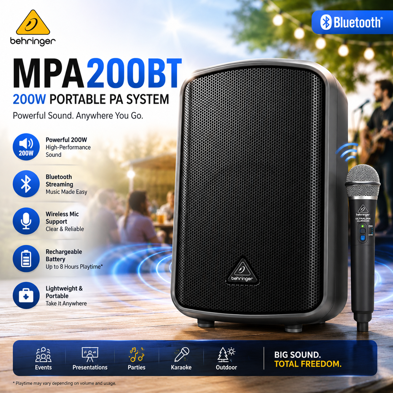 Behringer MPA200BT – 200W Portable PA System with Bluetooth, Wireless Mic Support & Rechargeable Battery