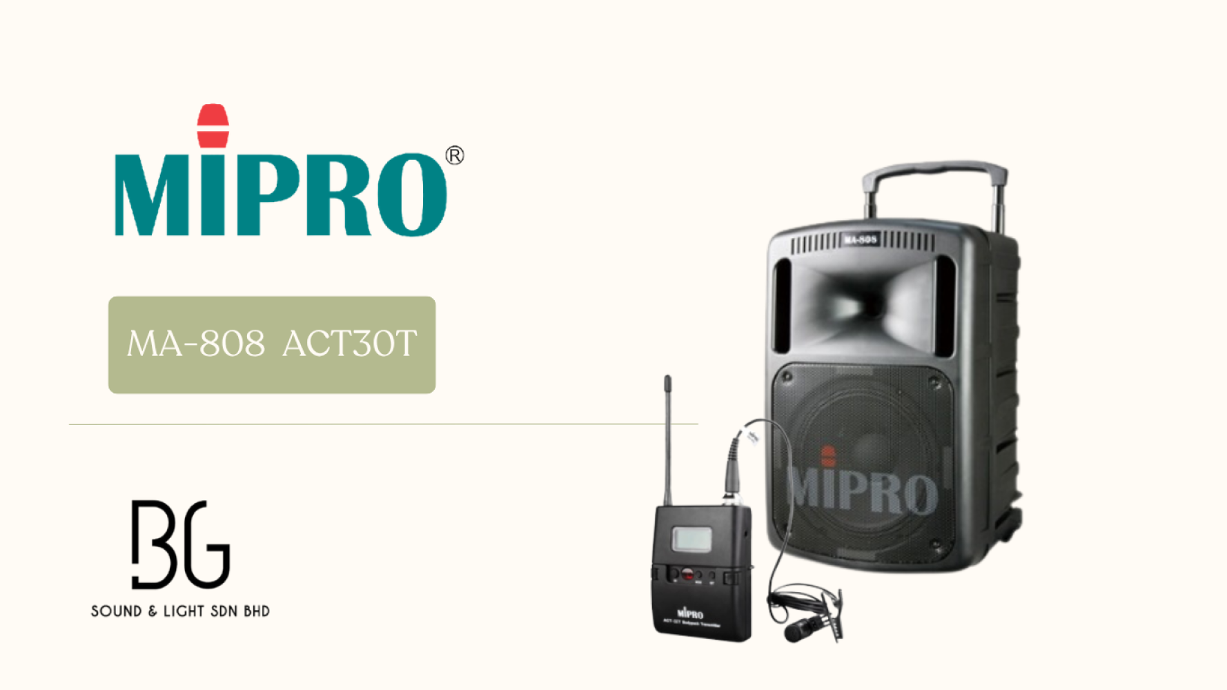 MIPRO MA-808 Portable Wireless PA System with ACT-32T Bodypack Clip Microphone – 10” Speaker, Rechargeable