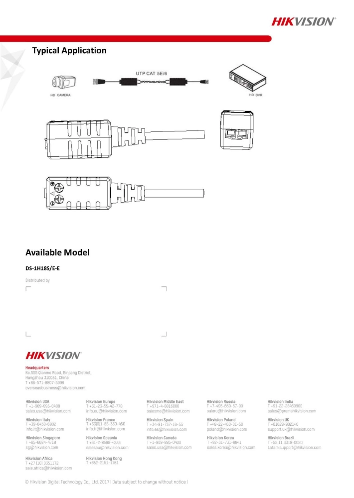 HIKVISION Video Balun CCTV Transmits TVI Signal Via UTP Cable 1 Set HDTVI/HDCVI/AHD/CVBS - DS-1H18S/E-(C)