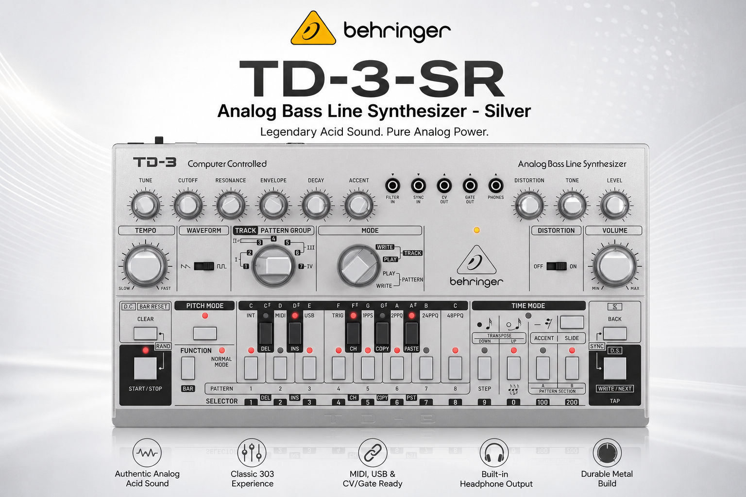 Behringer TD-3-SR Analog Bass Line Synthesizer Silver | Classic 303 Style Acid Bass Synth with Distortion, MIDI, USB & CV/Gate