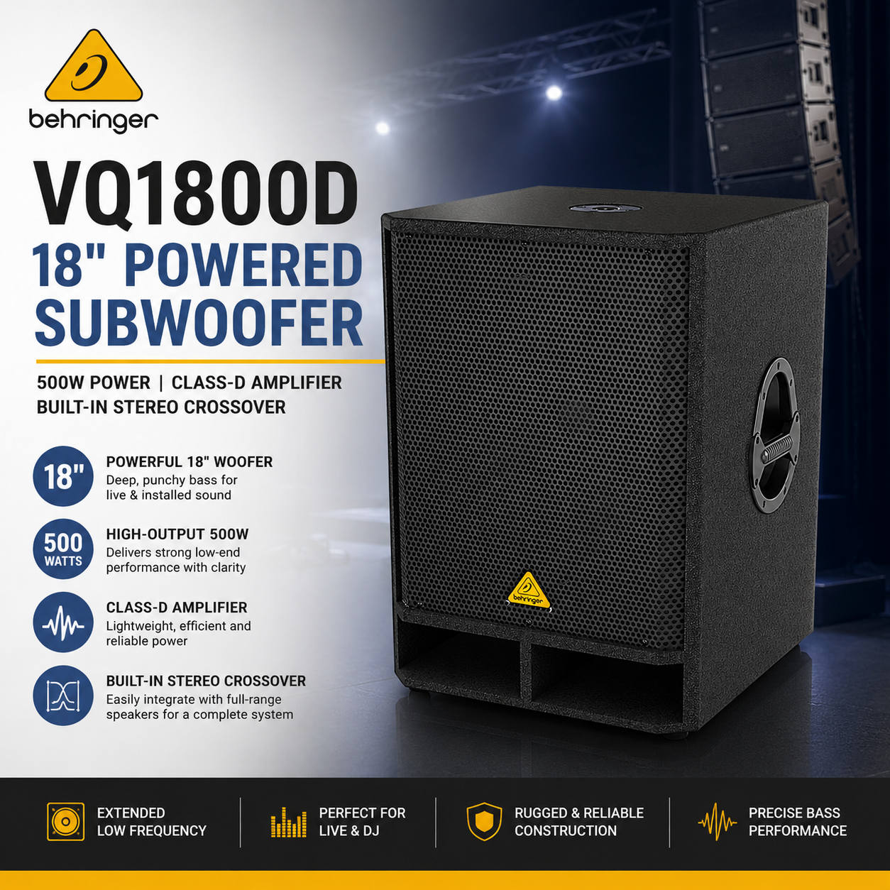 Behringer VQ1800D – 18英寸500瓦有源低音炮，内置D类功放与立体声分频器