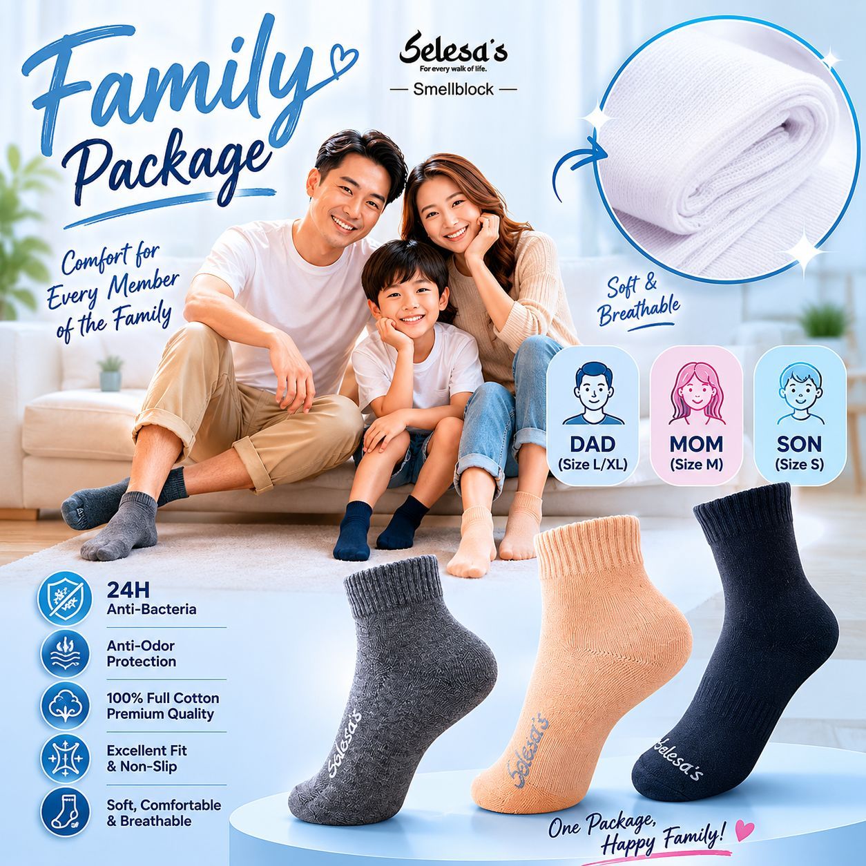 SELESA’S Smellblock Family package 6in1 Antibacterial Anti Odor Premium Cotton Ankle Crew Sport Work Sock Ladies Sock School Sock .