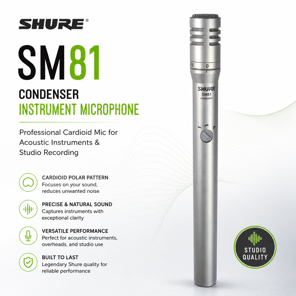Shure SM81 Condenser Instrument Microphone – Professional Cardioid Mic for Acoustic Instruments & Studio Recording
