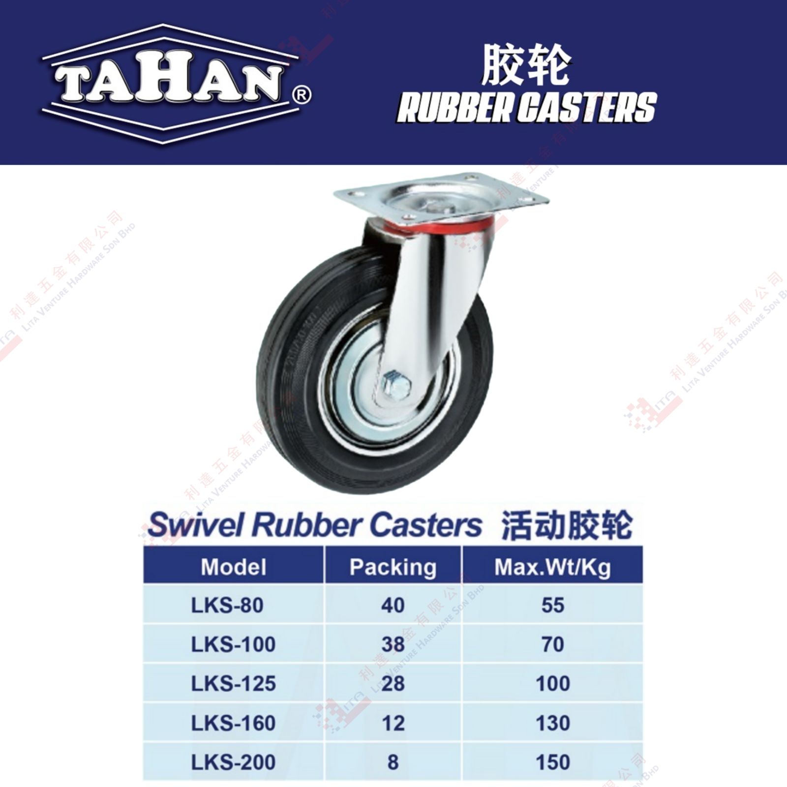 TAHAN BRAND SWIVEL RUBBER CASTERS - LKS80 LKS100 LKS125 LKS160 LKS200