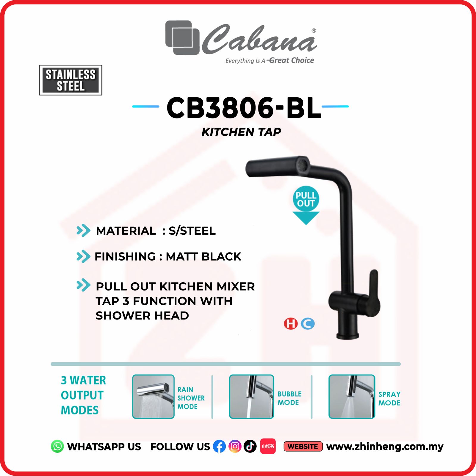 CABANA Pull Out Kitchen Mixer Tap 3 Function With Shower Head CB3806-BL