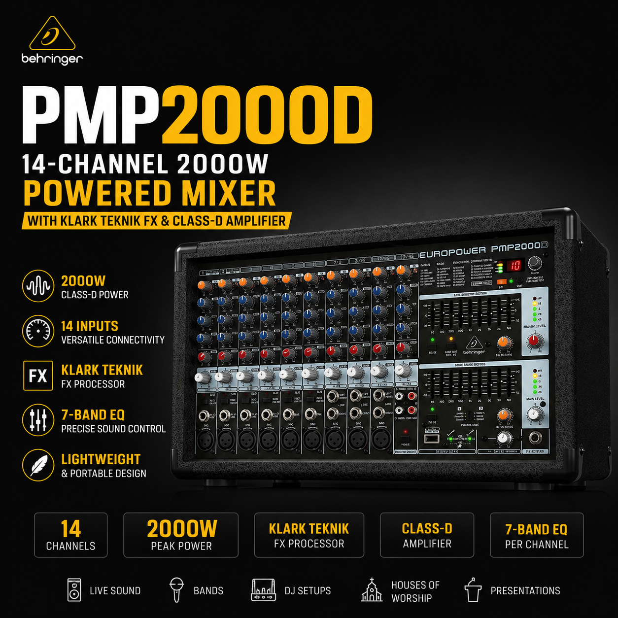 Behringer PMP2000D – 14通道2000W有源调音台，内置Klark Teknik效果器与D类功放