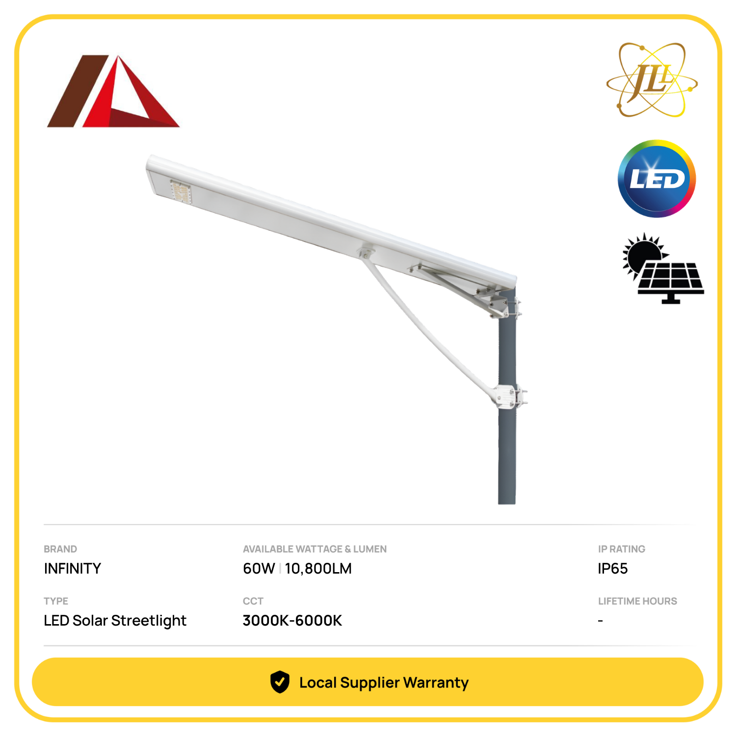 INFINITY INF-SSL-60W JKR EMAL SPEC ALL IN ONE SOLAR LED STREETLIGHT 10800LM 3000K-6000K IP65 (5YEARS WARRANTY)