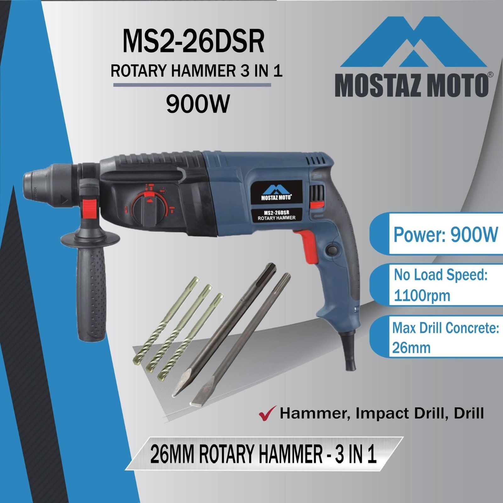 MOSTAZ MOTO 26MM 3IN1 900W Rotary Hammer MS2-26DSR