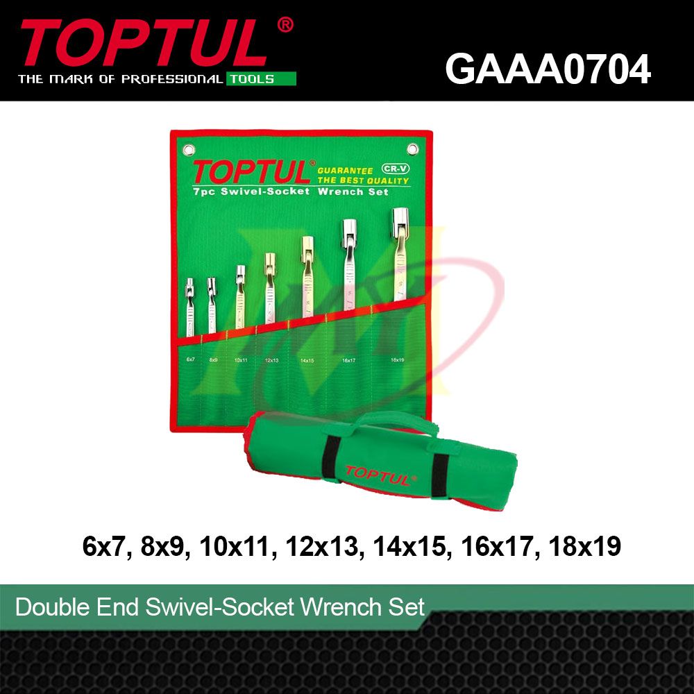 TOPTUL GAAA0704 Double End Swivel-Socket Wrench Set 7pcs (6 - 19mm) with Green Pouch Bag [Code: 9605]