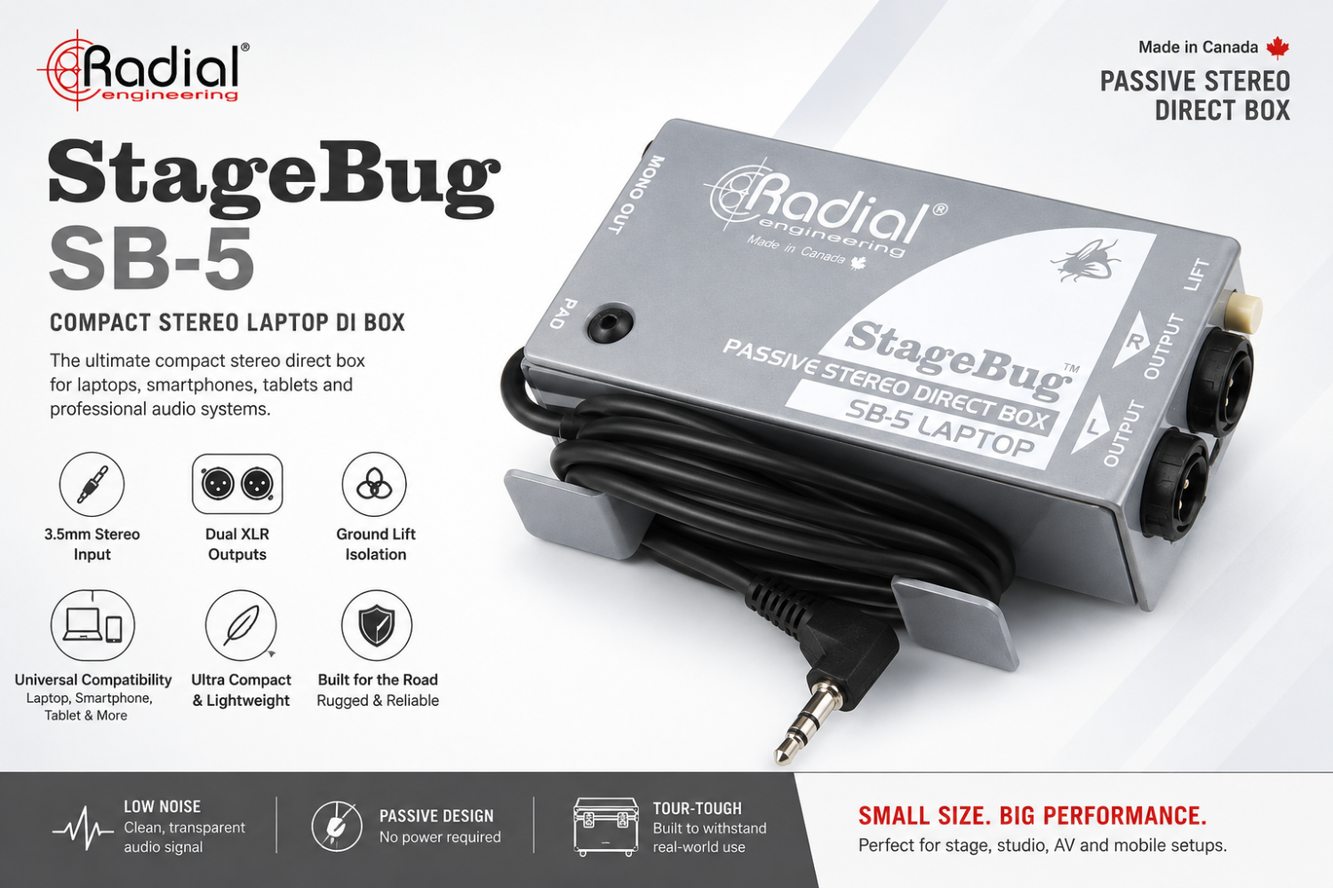 Radial Engineering StageBug SB-5 Compact Stereo Laptop DI Box for Laptops, Smartphones, Tablets & Professional Audio Systems