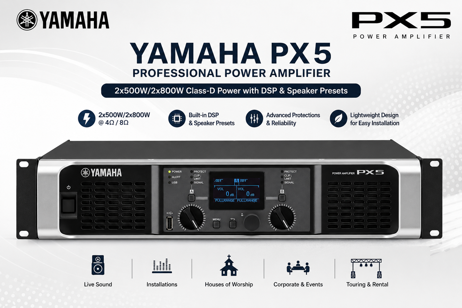 Yamaha PX5 – 2x500W/2x800W Class-D Professional Power Amplifier with DSP & Speaker Presets