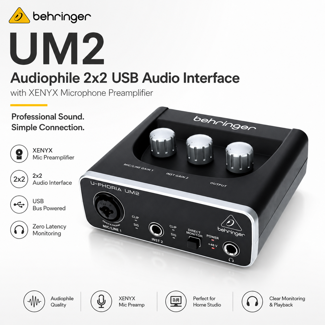 Behringer UM2 – Antara Muka Audio USB 2x2 Audiophile dengan Preamplifier Mikrofon XENYX