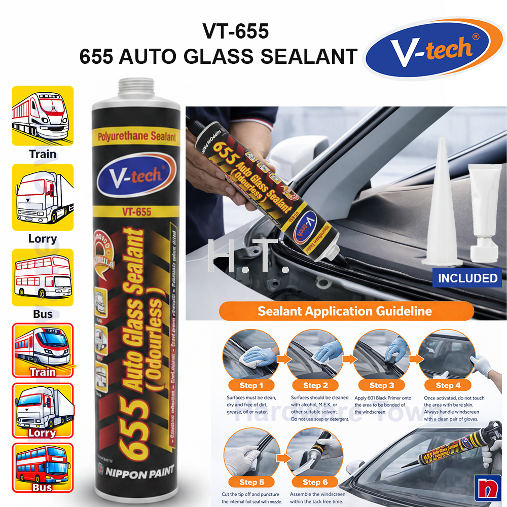 V-TECH VT-655 AUTO GLASS SEALANT | WINDSHIELD ADHESIVE | VTECH CAR GLASS SEALANT (BLACK 310ML + PRIMER 10ML)