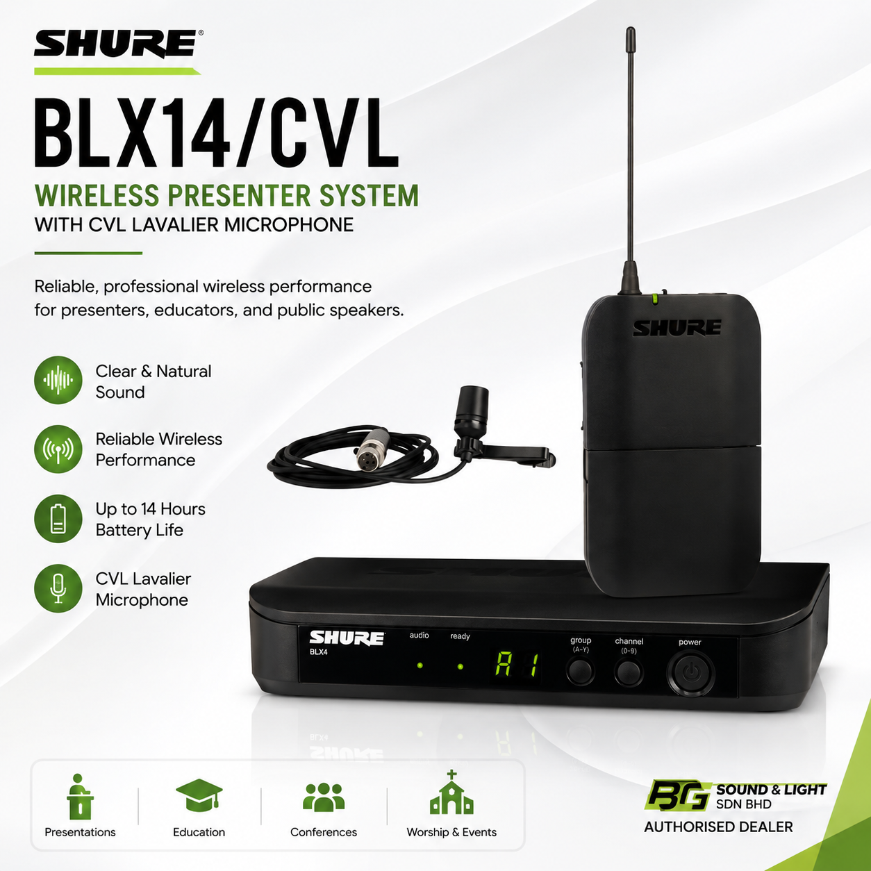 Shure BLX14/CVL – 无线演讲系统，配备 CVL 领夹式麦克风