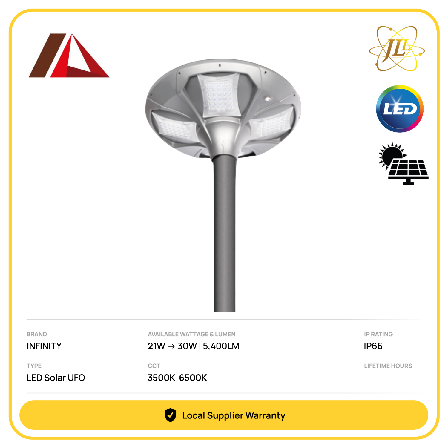 INFINITY SMLN 21-30W INTEGRATED ALL IN ONE POST TOP UFO LED SOLAR LIGHT WITH PASSIVE INFRARED MOTION SENSOR 5400LM 3000-6500K CRI70 IP65