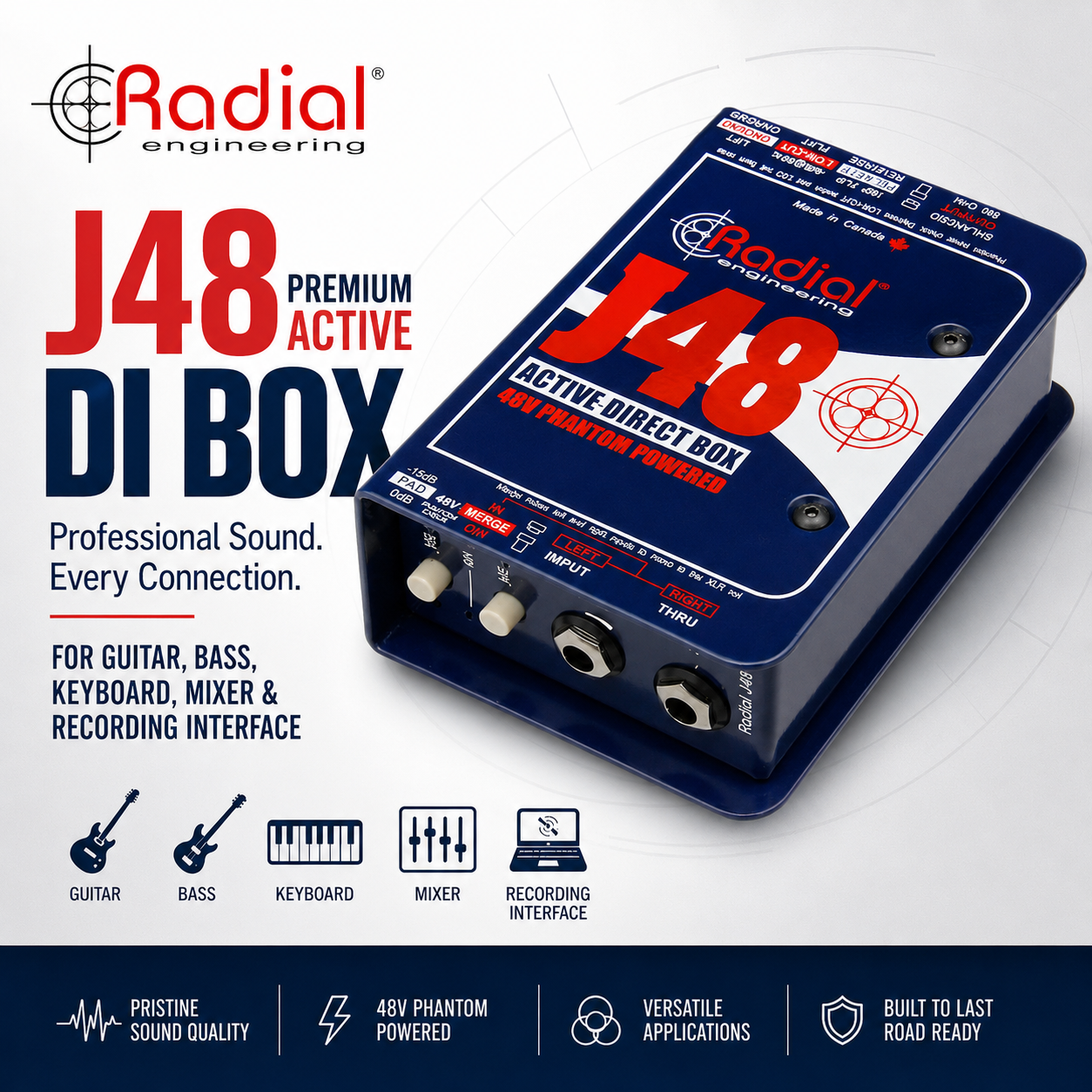 Radial Engineering J48 Premium Active DI Box untuk Gitar, Bass, Keyboard, Mixer dan Sistem Rakaman Profesional