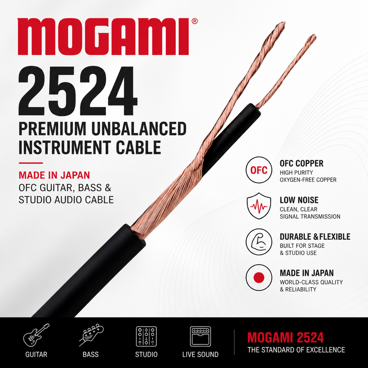 Mogami 2524 Kabel Instrumen Tidak Seimbang Premium – Kabel Audio OFC Gitar, Bass & Studio Buatan Jepun