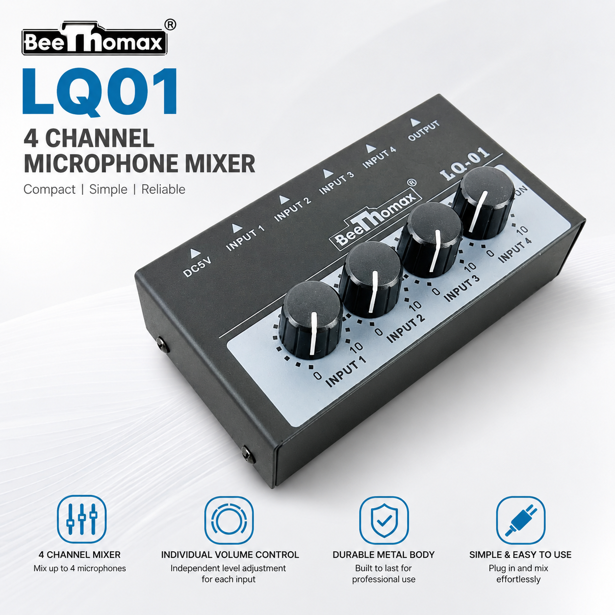 BEETHOMAX LQ01 4-Channel Microphone Mixer – Compact Audio Mixer with Independent Volume Control