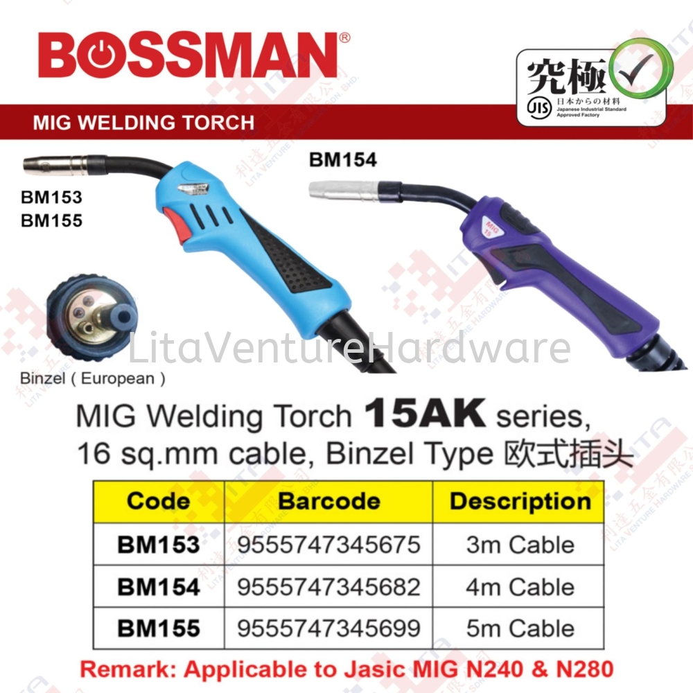 BOSSMAN BRAND MIG WELDING TORCH 15AK - BM153 BM154 BM155