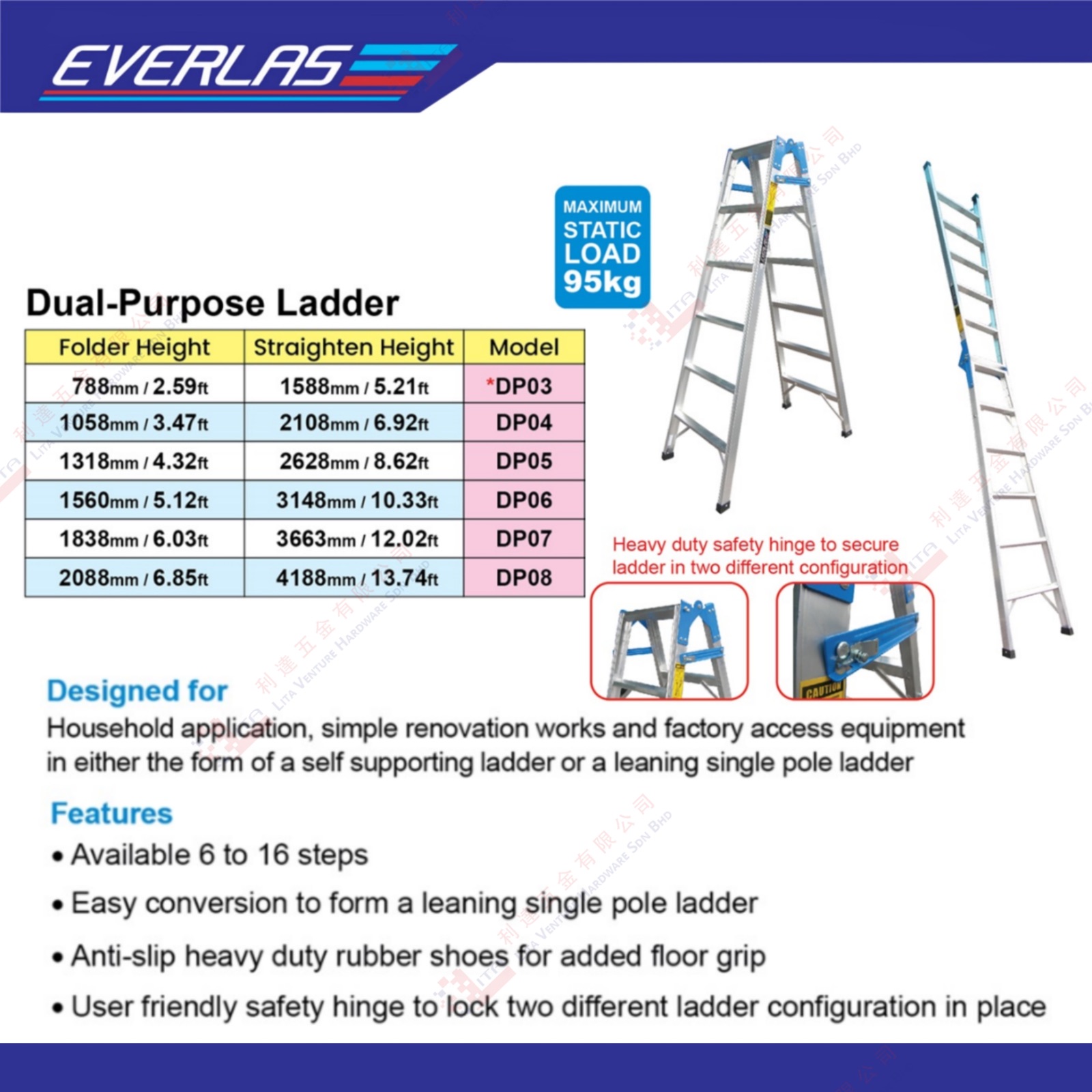 EVERLAS BRAND DUAL PURPOSE LADDER - DP03 DP04 DP05 DP06 DP07 DP08