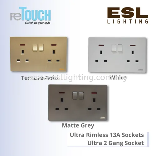 RETOUCH Ultra Rimless 13A Sockets - Ultra 2 Gang Socket - M08213W – Ultra 2 GANG Flat Pin Switch Socket C/W Neon