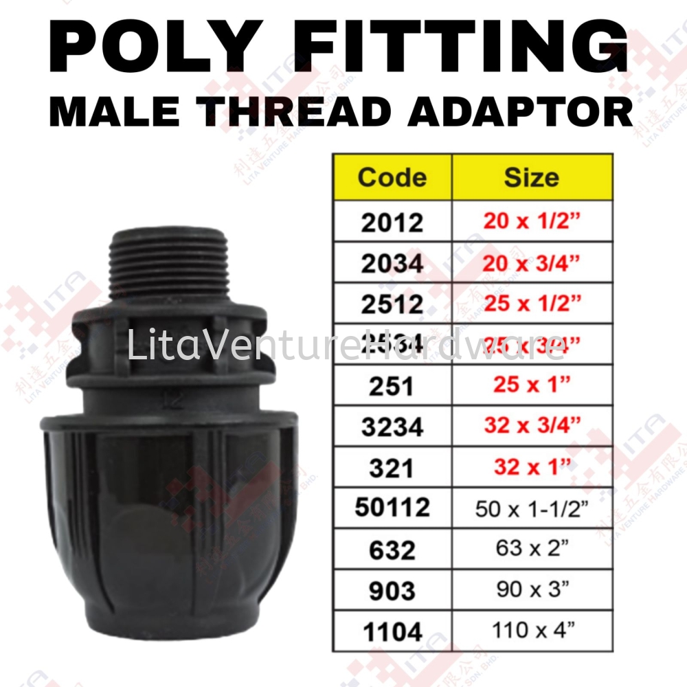 POLY FITTING MALE THREAD ADAPTOR - 2012 2034 2512 2534 251 3234 321 50112 632 903 1104