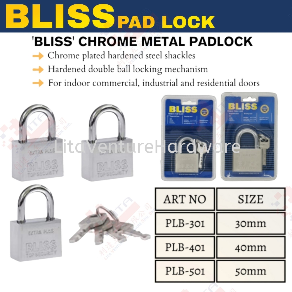BLISS BRAND CHROME METAL PADLOCK - PLB301 PLB401 PLB501