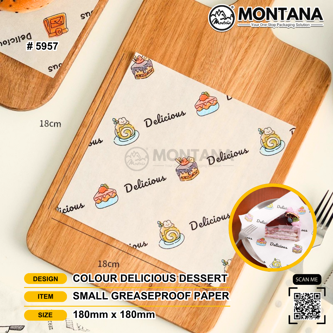 (5957) S-GREASEPROOF PAPER 18 X 18CM COLOUR DELICIOUS DESSERT