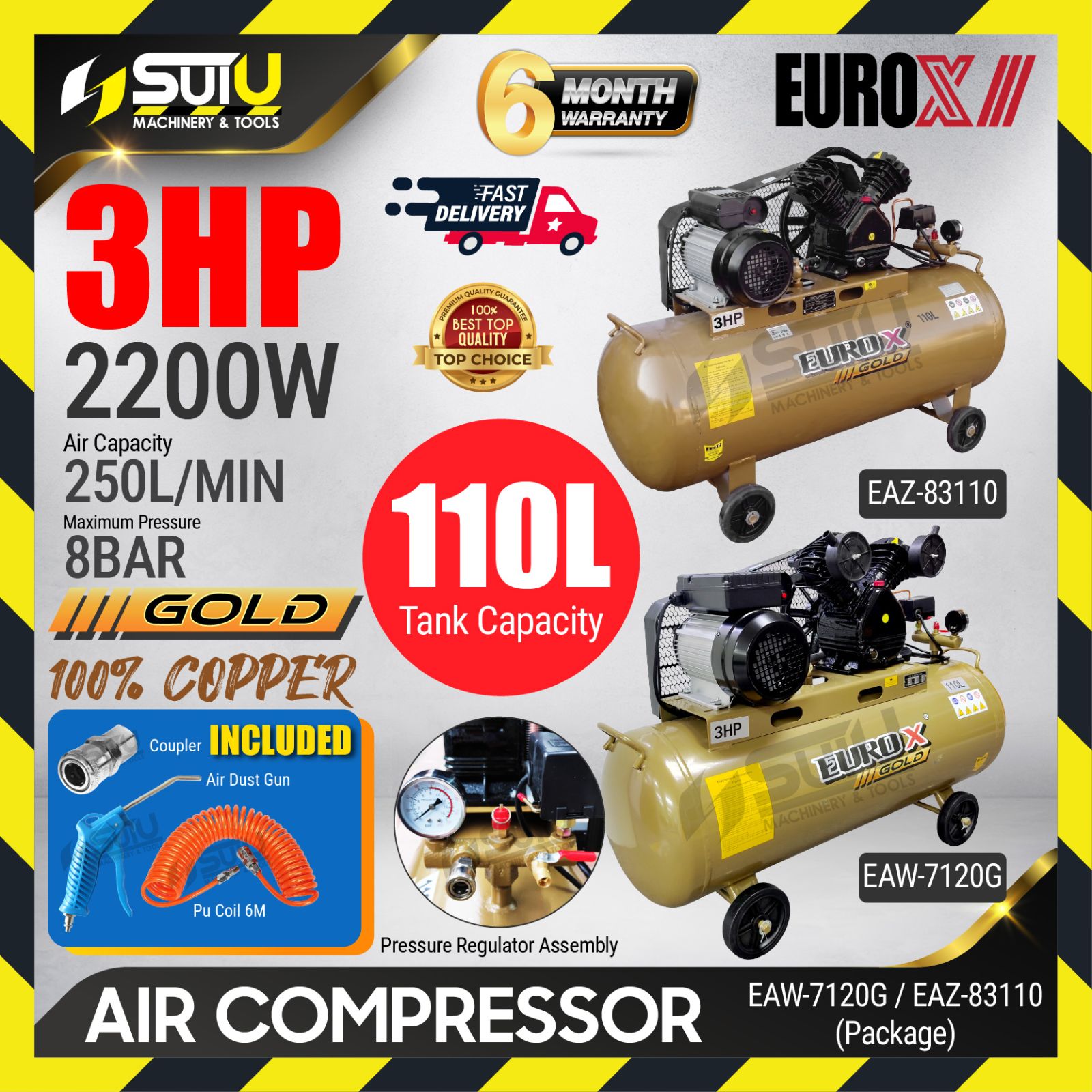[PACKAGE] EUROX EAW7120G / EAZ83110 110L 3HP Single Phase Belt Driven Air Compressor 2200W