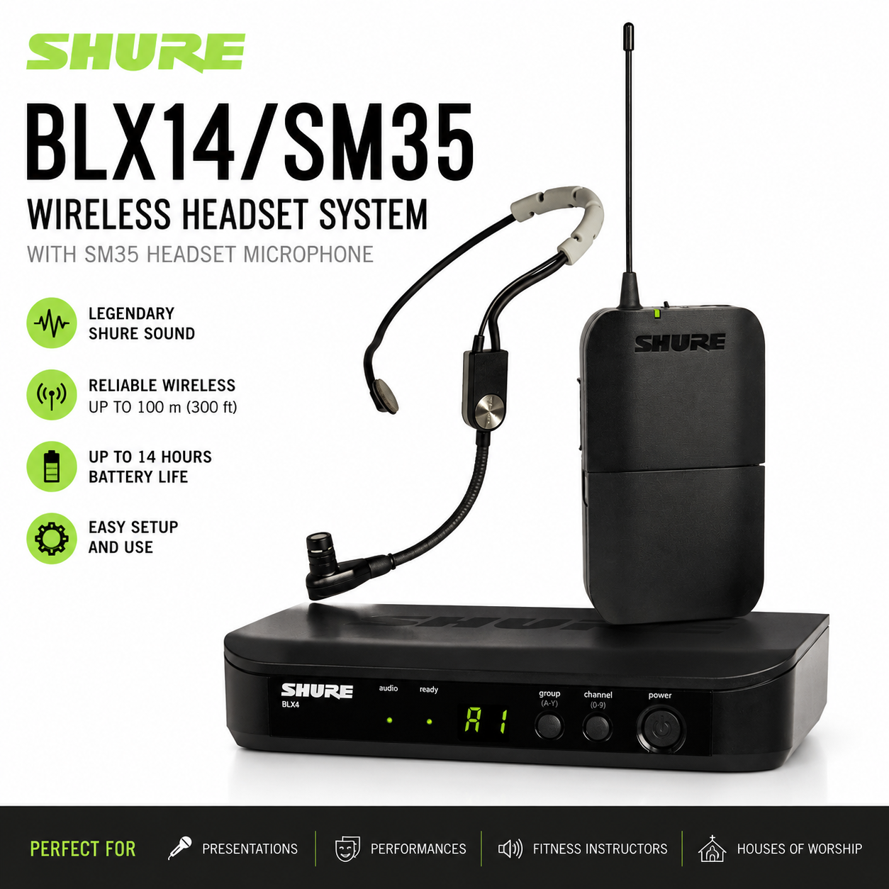 Shure BLX14/SM35 – Sistem Headset Tanpa Wayar dengan Mikrofon Headset SM35
