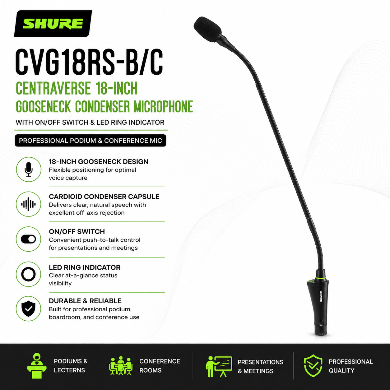 Shure CVG18RS-B/C Centraverse Mikrofon Kondensor Gooseneck 18-Inci dengan Suis On/Off & Cincin LED – Sesuai untuk Podium dan Bilik Persidangan