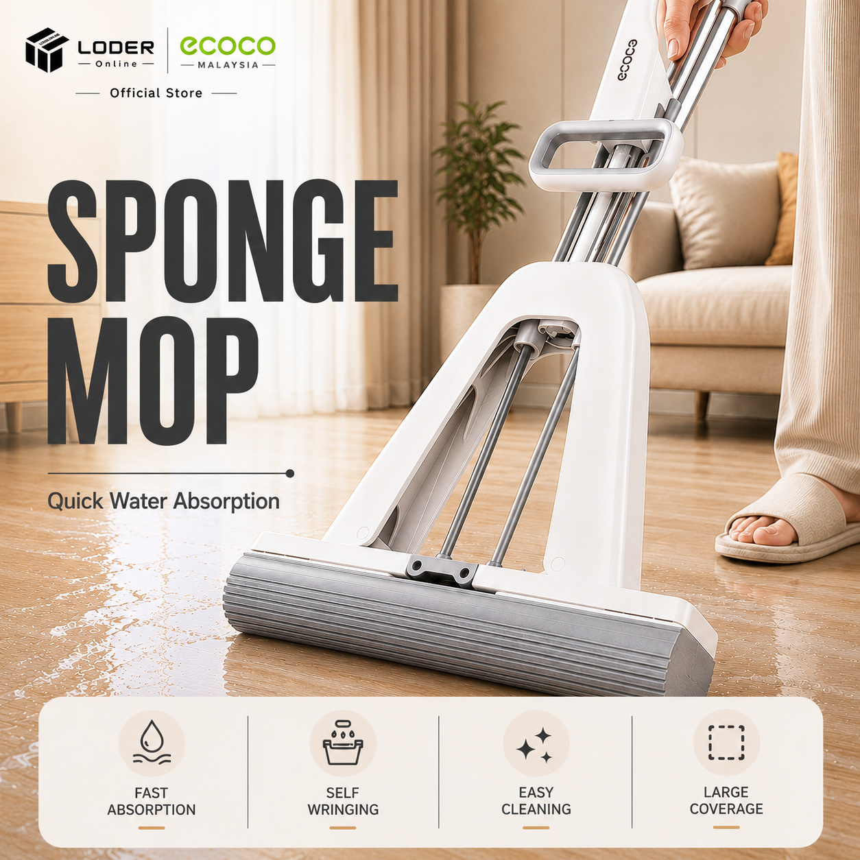 LODER ECOCO 33cm Sponge Mop PVA Mop Self Wringing Mop Floor Cleaning Squeeze Mop
