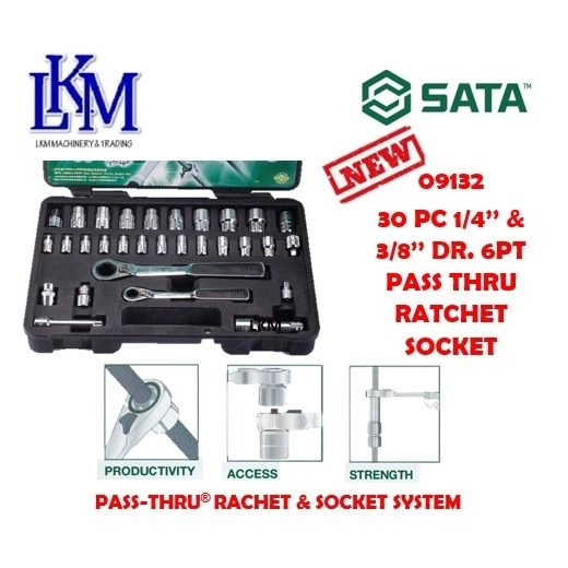 SATA 09132 30pcs 1/4" & 3/8" Driver 6 Point Metric Pass-thru Socket Set