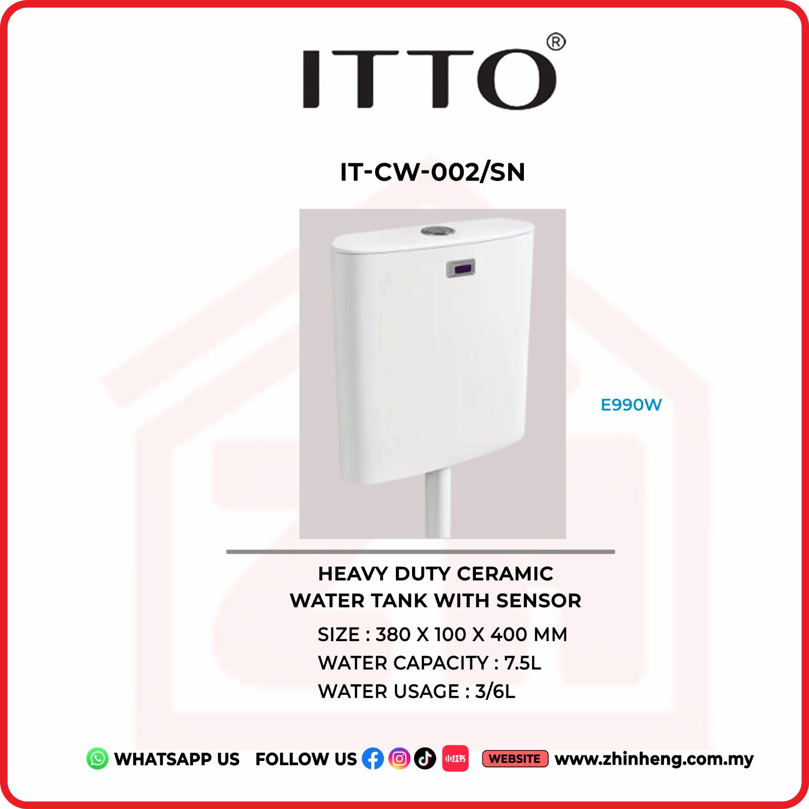 ITTO HEAVY DUTY CERAMIC WATER TANK WITH SENSOR  IT-CW-002/SN