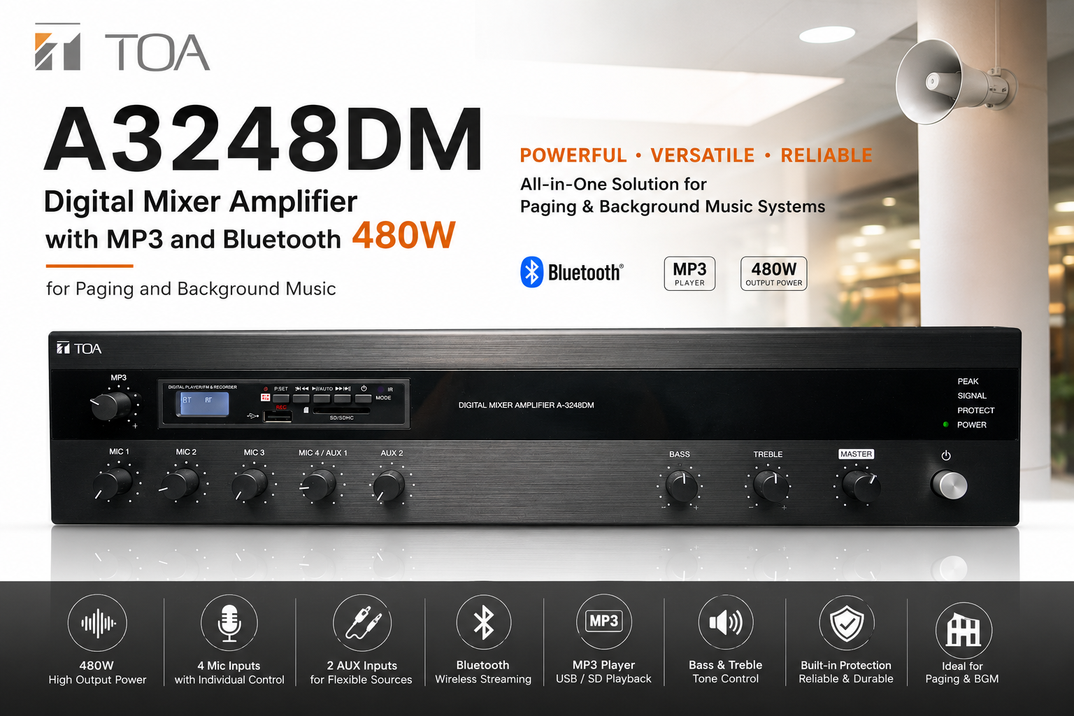 TOA A3248DM Digital Mixer Amplifier with MP3 and Bluetooth 480W for Paging and Background Music