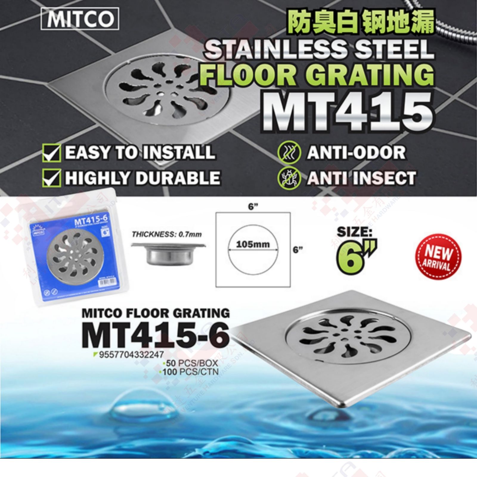 MITCO BRAND 6'' STAINLESS STEEL FLOOR GRATING MT415 - MT415-6