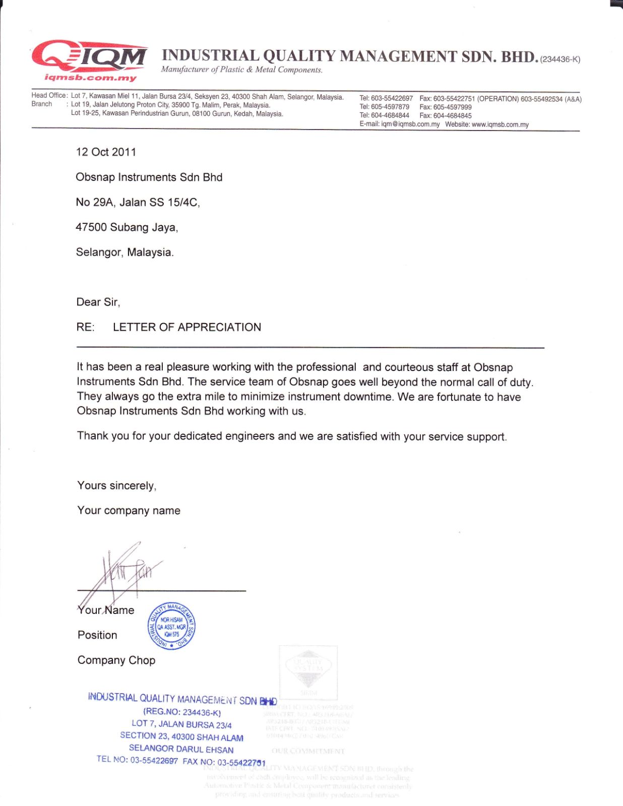 INDUSTRIAL QUALITY MANAGEMENT SDN BHD & Obsnap Instruments Sdn. Bhd.