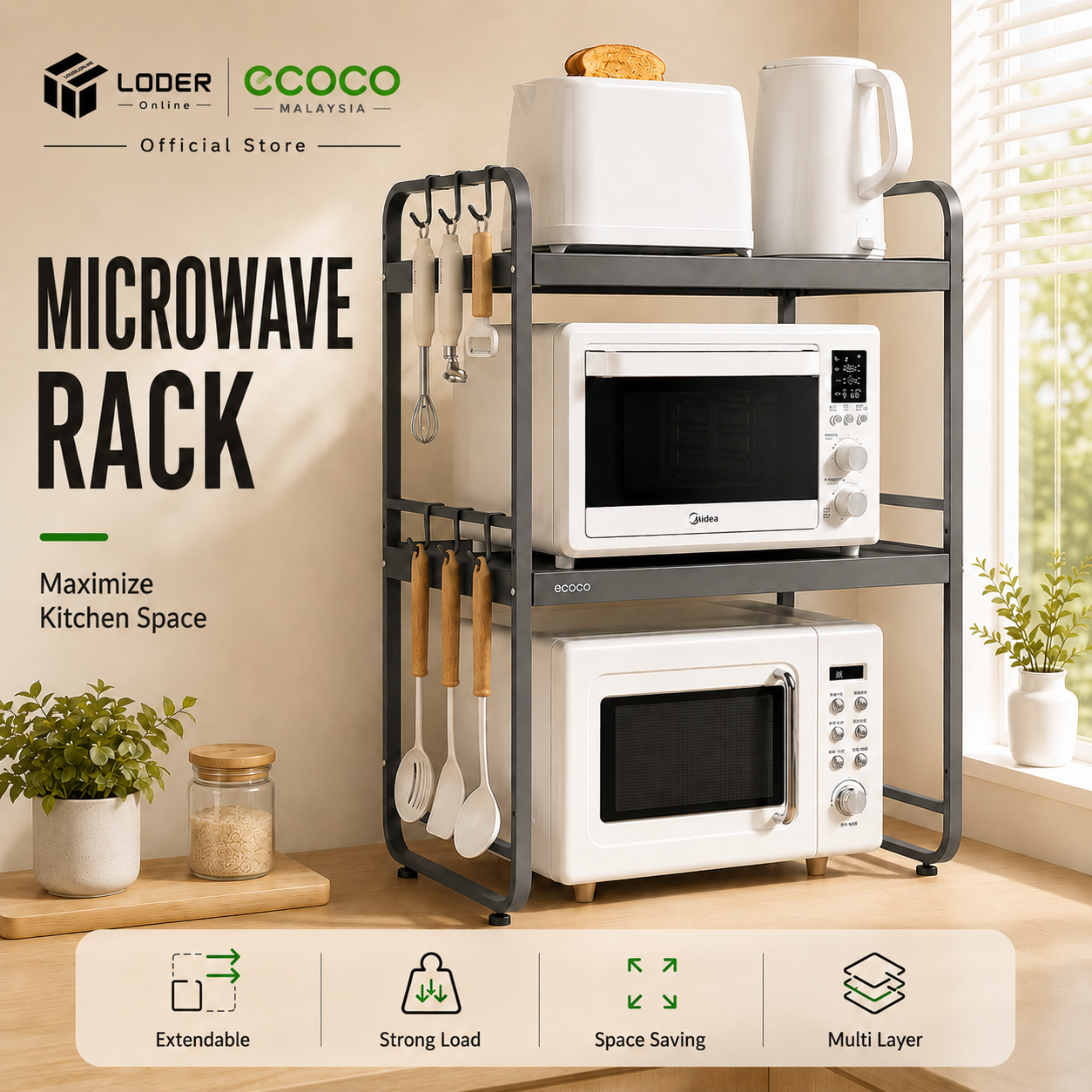 LODER ECOCO Adjustable Microwave Oven Rack Kitchen Countertop Storage Shelf Spice Organizer Rack