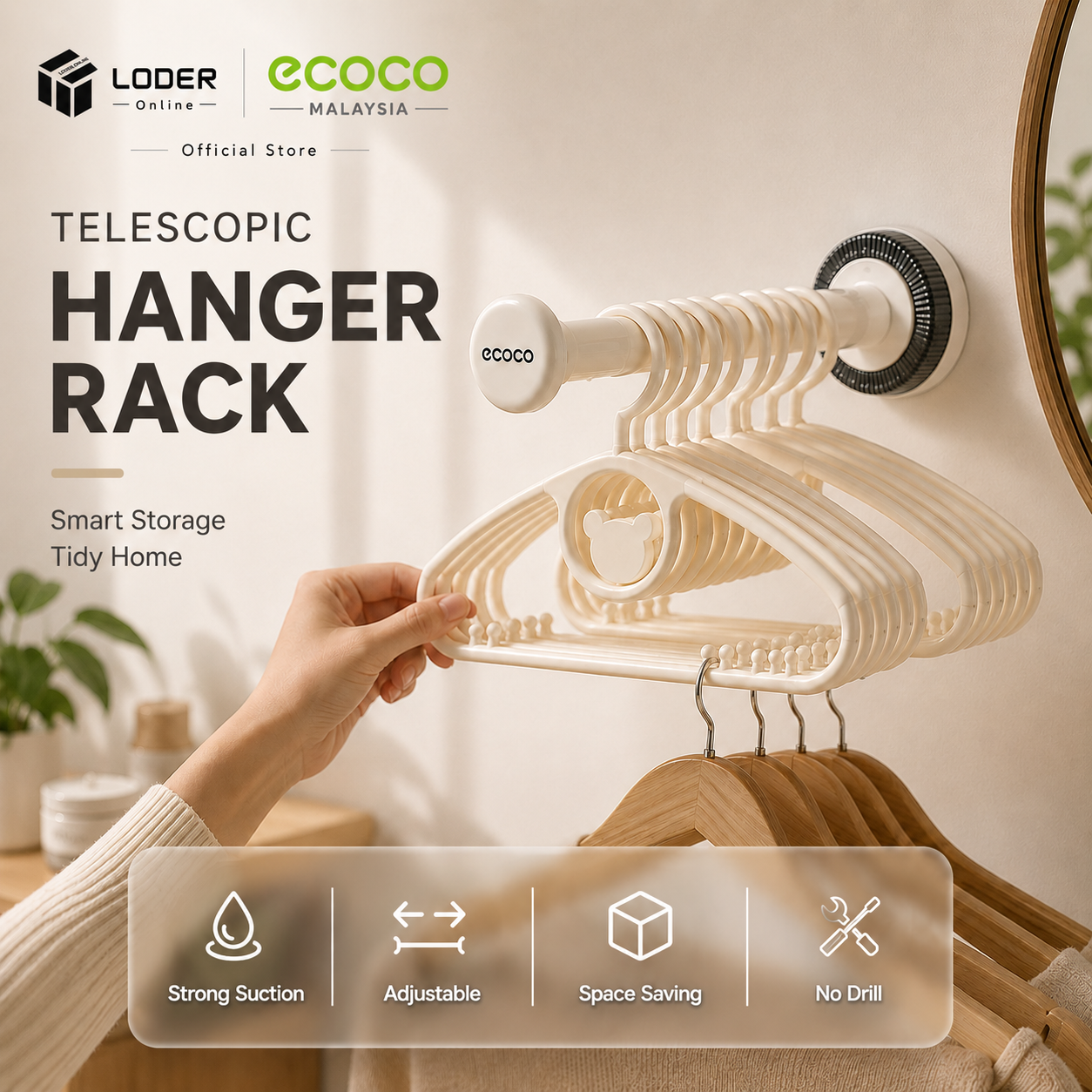LODER ECOCO Telescopic Suction Cup Hanger Rack Adjustable No-Drill Wall Hook Storage for Bathroom Kitchen