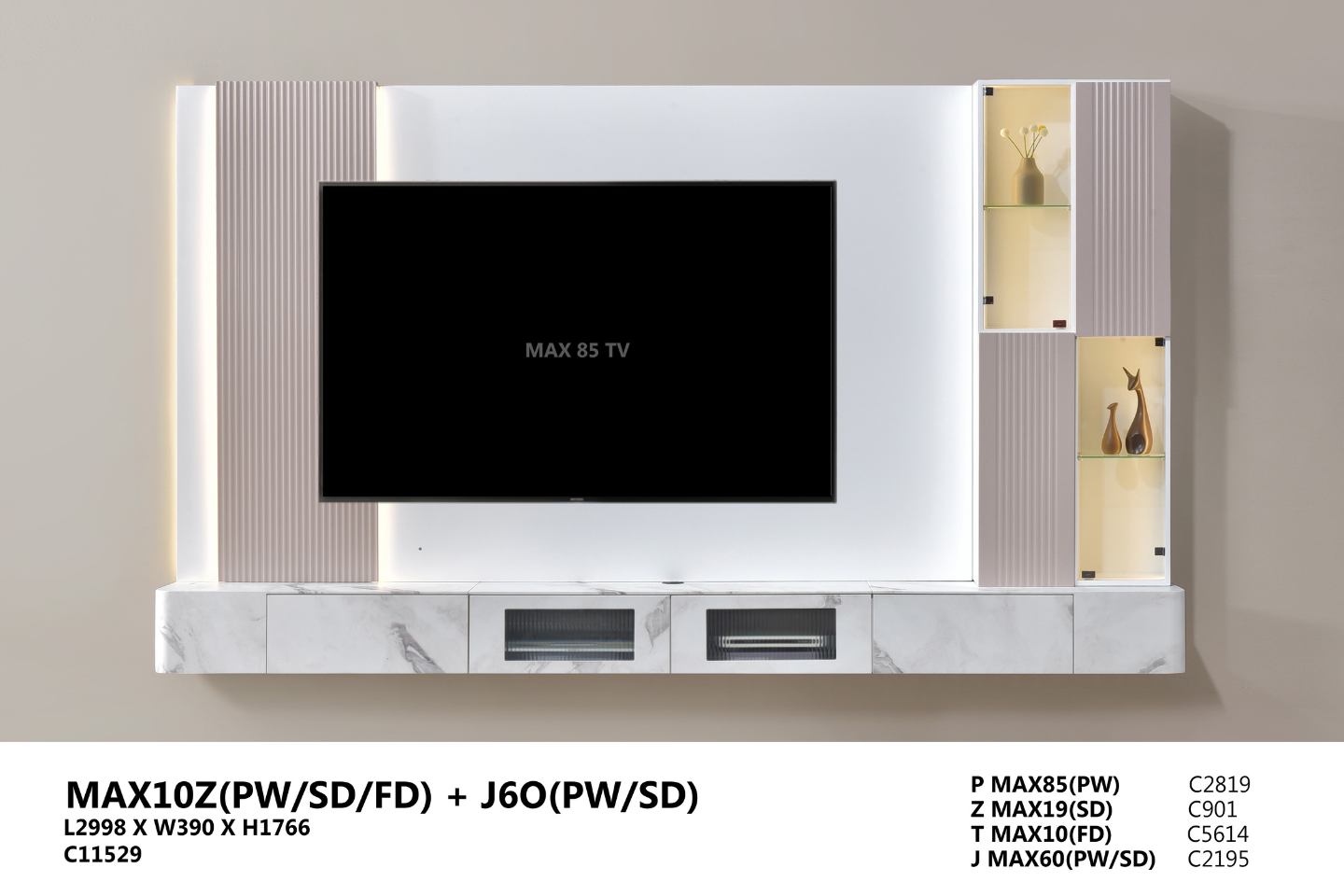 WALL TV CABINET - MAX10Z(PW/SD/FD) + J60(PW/SD)