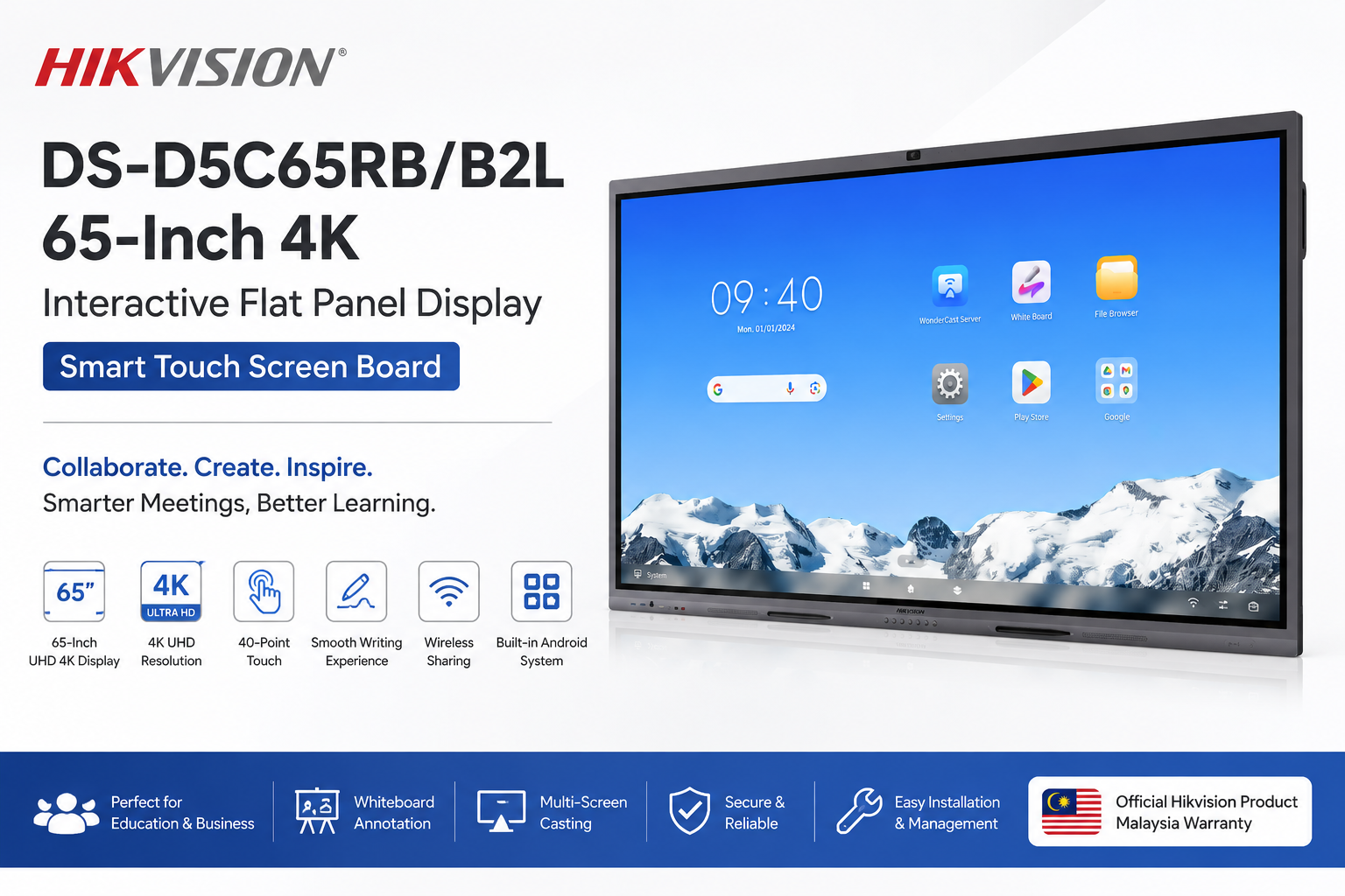 Hikvision DS-D5C65RB/B2L 65-Inch 4K Interactive Flat Panel Display | Smart Touch Screen Board Malaysia