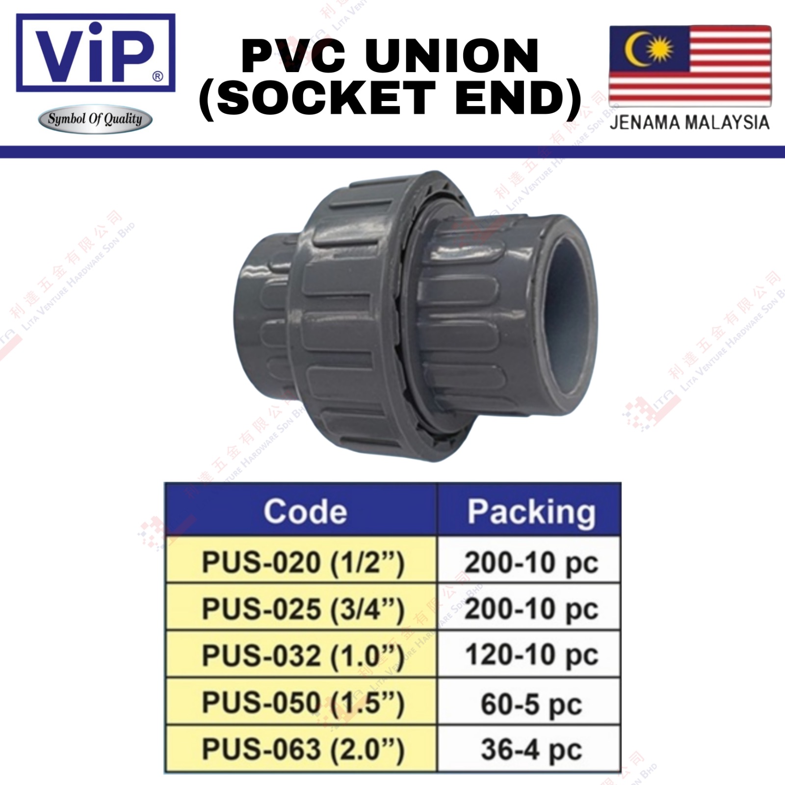 VIP BRAND PVC UNION (SOCKET END) - PUS020 PUS025 PUS032 PUS050 PUS063