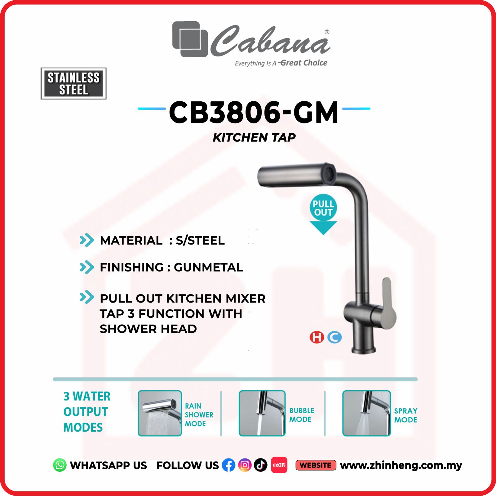CABANA Pull Out Kitchen Mixer Tap 3 Function With Shower Head CB3806-GM